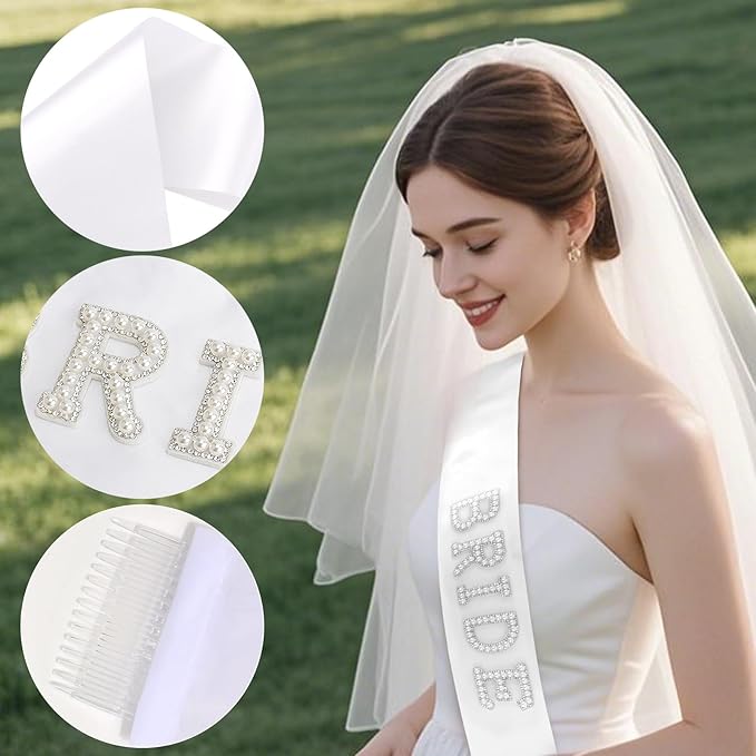 Bride to Be Set: Pearl-Trimmed Heart Sunglasses, Pearl BRIDE Sash & Tulle Veil - Bachelorette Party Bridal Accessories
