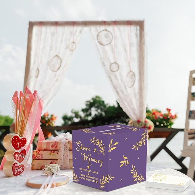 Pajean 50 Pcs Share a Memory Cards for Collections of Life, Memory Cards Box for Guest Ideas Funeral Graduation Wedding Bridal Shower Birthday Anniversary Retirement(Purple,Gold,Trendy)