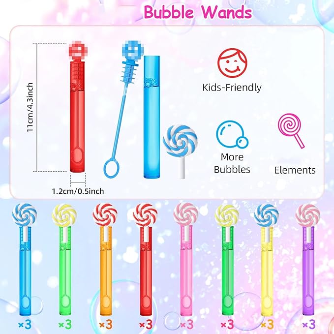 AFZMON 24 Candyland Party Favors Bubble Wands for Kids, Sweet Candy Mini Bubbles Wand Toys, Lollipop Theme Birthday Party Supplies Goodie Gift Bag Stuffers Pinata Classroom Prizes