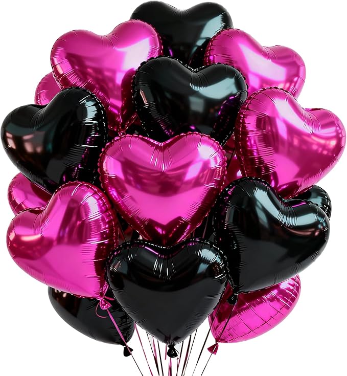 TONIFUL 30Pcs 18 Inch Black Hot Pink Balloons Black Rose Pink Heart Shape Foil Mylar Banners Decoration for Birthday Valentine's Day Wedding Bridal Shower Anniversary Engagement Party Supplies