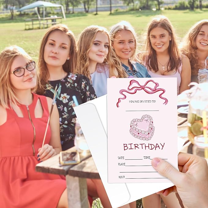 Pink Bow Birthday Invites Cards Party Invitation Cards for Girls Kids Adults Party Invitations 4x6 Inch Blank Invitations with Envelopes 20 Pcs Double Sided Invitation Card for Girls Birthday YT0084