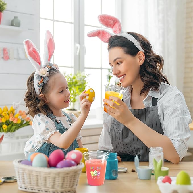 100 Pcs Happy Easter Plastic Cups, 12 Oz Rabbit Bunny Eggs Disposable Clear Party Cups for Spring Easter Party Decoration Supplies Cold Drinking Beverage Ice Cream Snacks