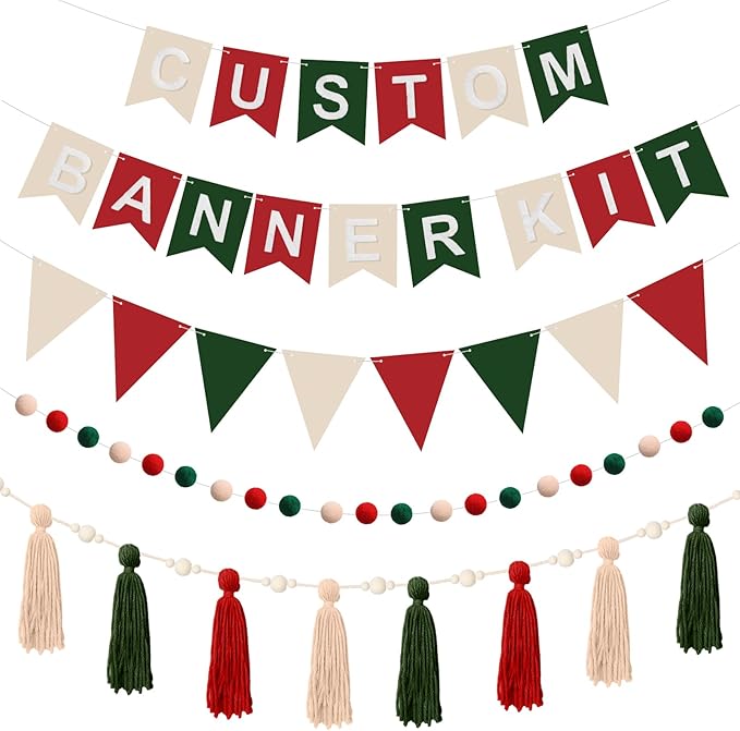 139 Pcs Felt DIY Custom Banner Kit Include 104 Letters 18 Swallowtail Flags 15 Pennants 2 Pcs Pom Pom Garland Tassel Pompom Decoration for Home Baby Shower Birthday(Christmas Red)