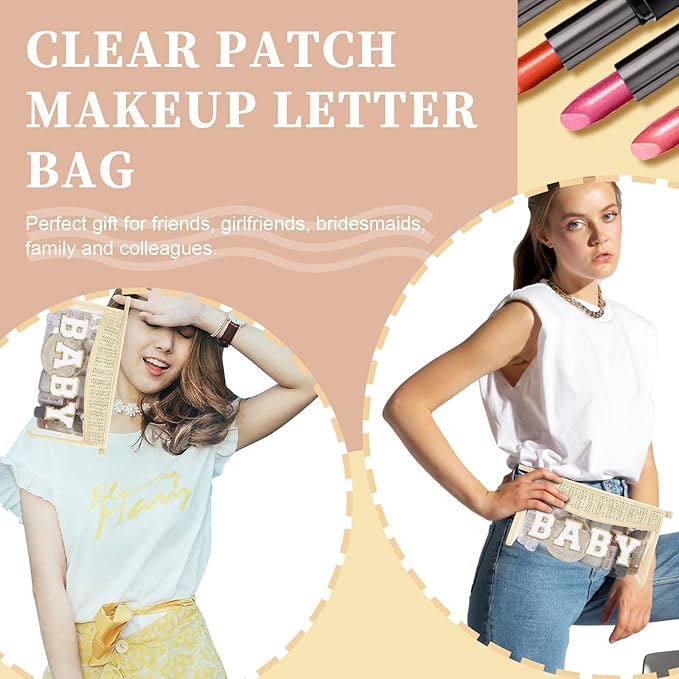 Cute Boho Patch Baby Bag Clear Makeup Letter Bag, Waterproof Zipper Make up Bags Toiletry Pouch for Women Girls, Clear Letter Patch Cosmetic Bags Transparent Organizer Pouch for Travel(Baby, Beige)
