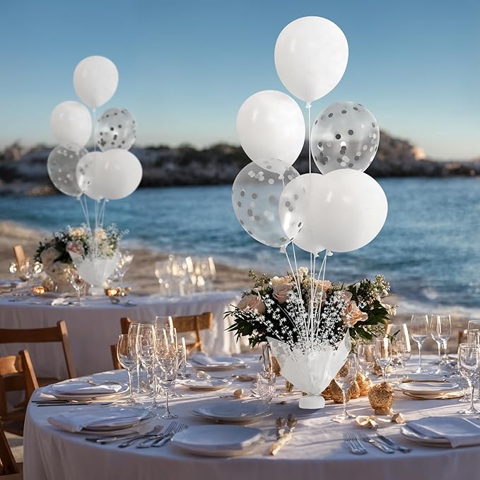 2 Set White Table Balloons Centerpiece with White and Confetti Balloons Stand Kit for Birthday Party Baby Shower Wedding Bridal Shower Prom Cake Table Decorations