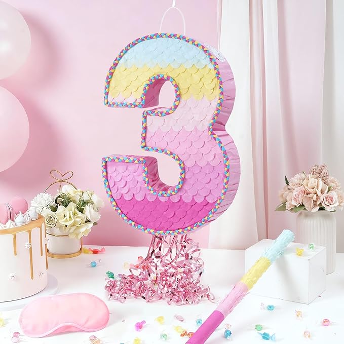 WERNNSAI Pink Sweet Three Piñata - Number 3 Piñata Happy Birthday Decoration Pink Rainbow Design Party Games for Girl Princess Baby Shower Party Favor with Blindfold Anniversary Celebration Supplies