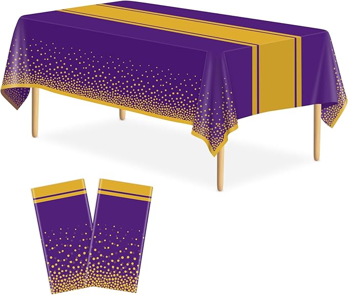 2 Pack Purple and Gold Tablecloth Party Decorations Plastic Purple Tablecloth Printed Gold Table Runner 54 x108 Inch Disposable Rectangle Table Cover for Birthday Wedding Graduation