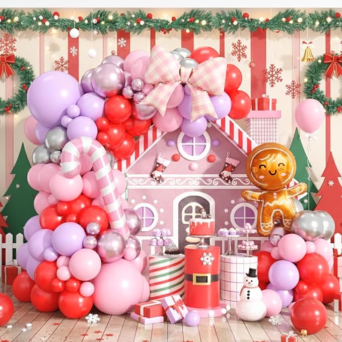 Christmas Balloon Arch Kit, Red Pink Purple Metallic Silver Balloons with Gingerbread-Style Foil,Bow Foil,Pink Candy Cane Balloons for Girl Birthday Party Decorations Baby Shower Backdrop