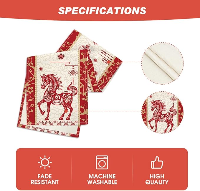 Artoid Mode Paper Cutting Style Chinese Zodiac Horse Happy 2026 Lunar New Year Table Runner, Spring Festival Winter Kitchen Dining Table Decoration for Home Party 13x90 Inch
