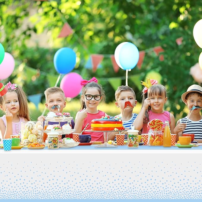 4 Pack White and Light Blue Tablecloth Party Decorations Plastic White Tablecloth Printed Light Blue Table Runner 54 x108 Inch Disposable Rectangle Table Cover for Birthday Wedding Graduation