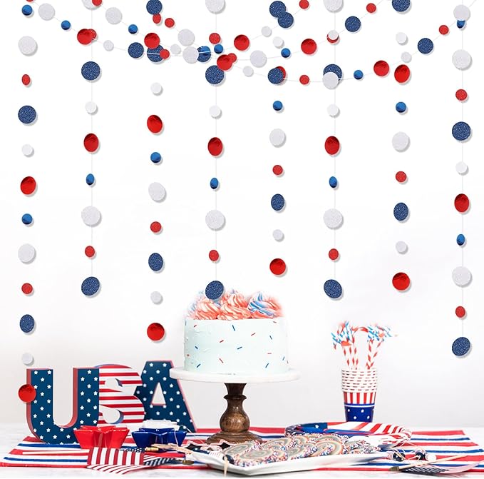 Outus 5 Pieces Blue,White,Red Round Dots Garland Easter Graduation Party Hanging Decor Each Length 13.1ft Glitter Paper Dot Streamers for Birthday Wedding Classroom