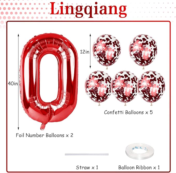 40th Birthday Balloons for Women, 40 Inch Giant Red Foil Number 40 Balloons with Red Confetti Balloons Kit, Digit 4 & 0 Helium Balloons for Girls Boys Men 4th 40th Anniversary Party Decorations