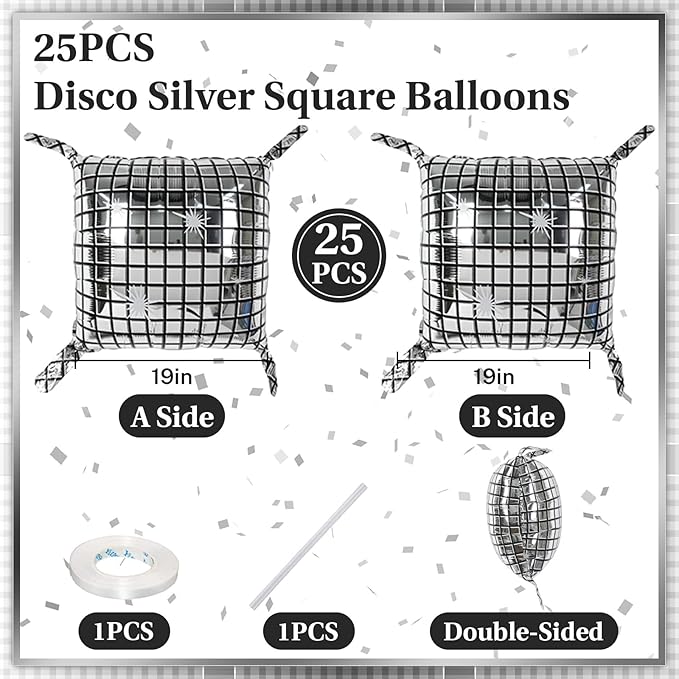 Silver Disco Square Foil Balloons Wall, 25PCS Double Sided Shiny Metallic Silver Square Balloon Backdrop Tunnel Arch Kit Background Decor for Retro 70s 80s 90s Disco Birthdays New Year Graduation