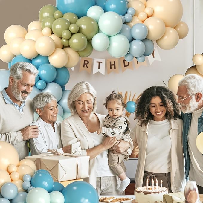 Dusty Green Blue Balloon Arch Kit, Pastel Sage Green Slate Blue Beige Apricot Latex Balloons Garland Kit for Women Men Neutral Birthday Wedding Baby Bridal Shower Jungle Safari Party Decorations