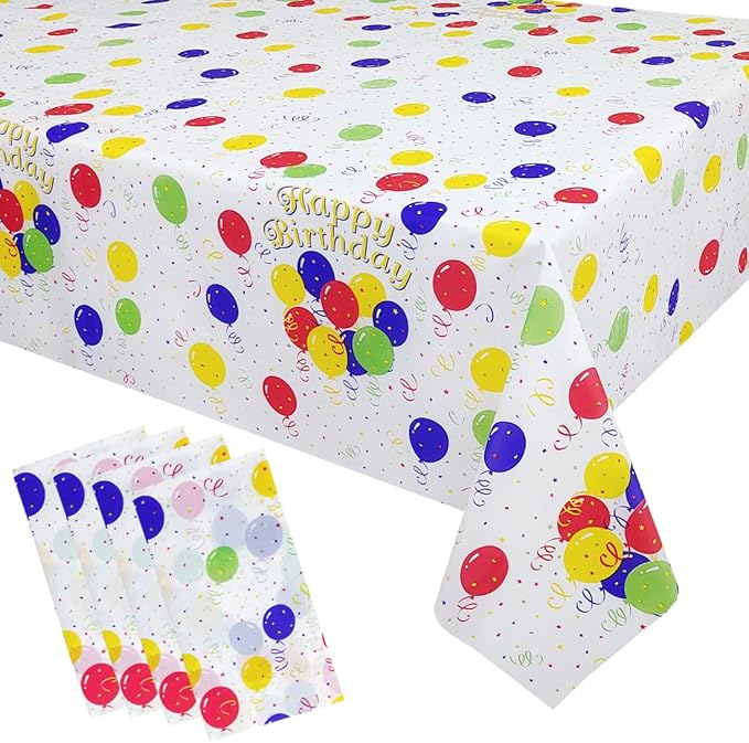 Mulbozy 4 Pcs Birthday Tablecloth Disposable Plastic, Colorful Balloons Confetti Happy Birthday Table Covers for Parties Decoration Supplies, 108 x 54 inch