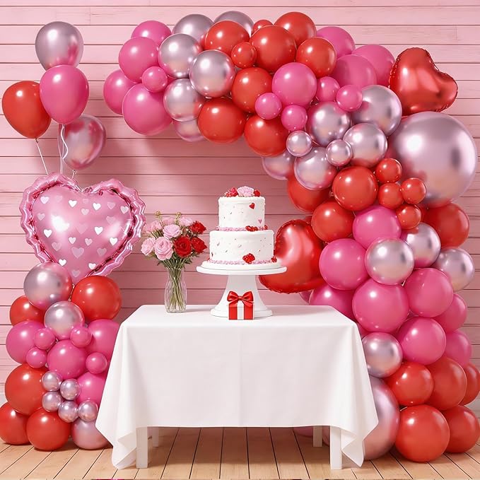Valentines Day Balloons Arch Kit, Hot Pink Red Metallic Pink Blloons with Heart Foil Balloon for Valentines Day Decorations Wedding Engagement Anniversary Supplies