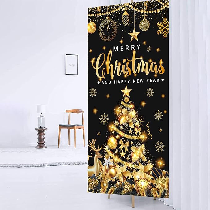 Large Size Merry Christmas & Happy New Year Party Banner, Black Gold, 71x35 Inches