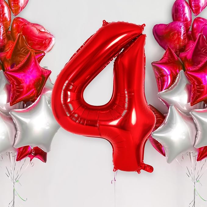Red Number 4 Balloon 40 Inch, Big Large Foil Helium Number Balloons, Jumbo Giant Mylar Number 4 Balloons for 4 Year Old Birthday Red Party Decorations Supplies Anniversary
