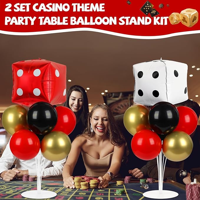 Casino Party Balloons Stand Kit 2 Sets with 2 Dice Foil Balloons Casino Night Theme Party Balloon Centerpiece for Tables for Poker Las Vegas Game Night Birthday Party Decorations