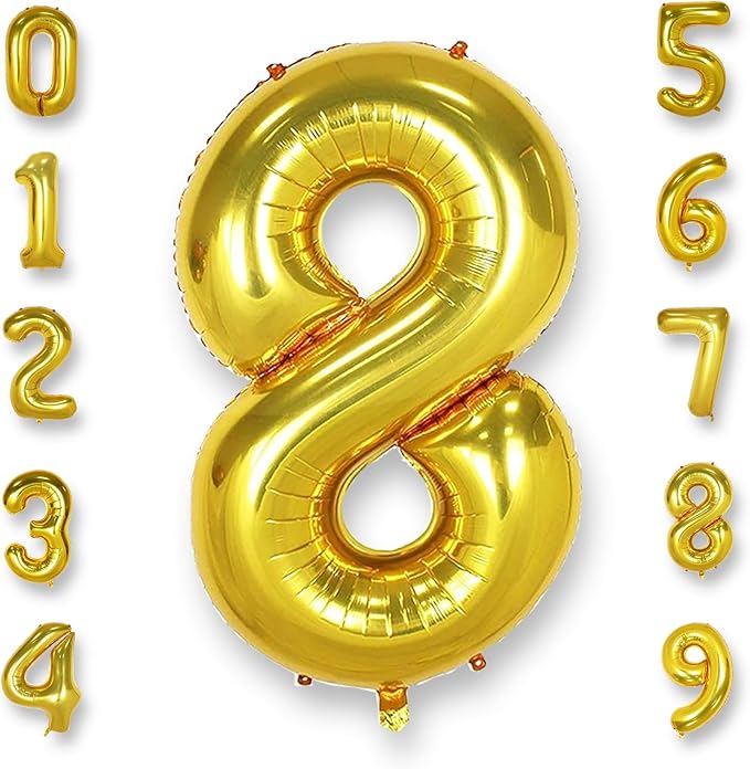 AULE 40 Inch Big Gold 8 Balloon Number Large Foil Helium Number Balloons 0-9 Jumbo Giant Happy 8th Birthday Party Decorations for Boy or Girl Huge Mylar Anniversary Party Supplies