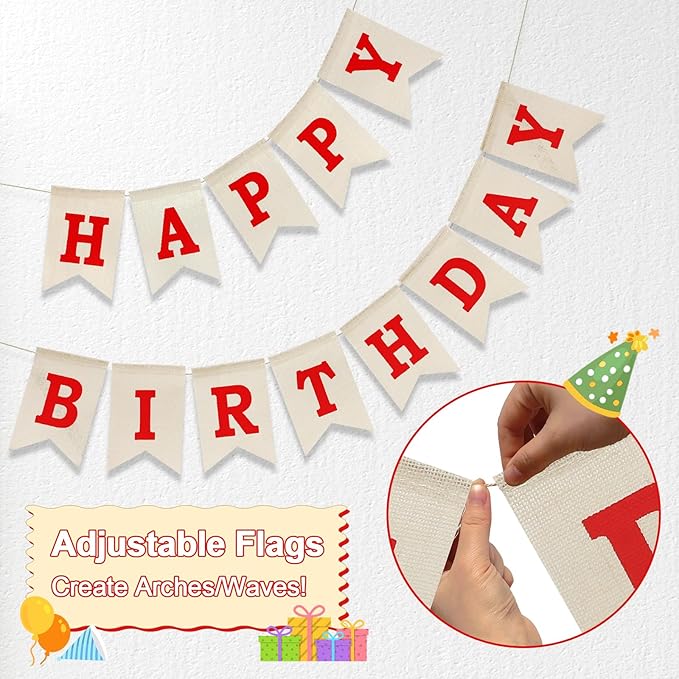 Happy Birthday Banner - Pre‑Strung Burlap Birthday Decorations and Reusable Birthday Sign for Men, Women & Kids | Party Supplies Backdrop (Red)