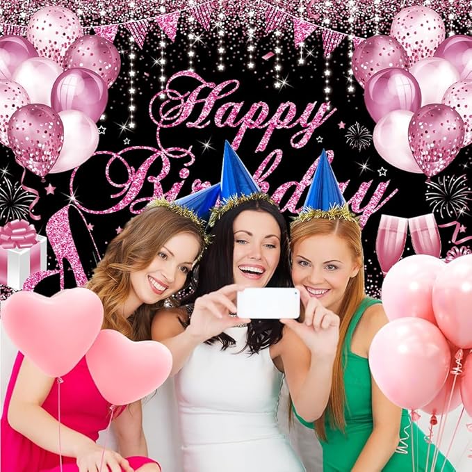 Happy Birthday Banner - Birthday Decorations for Women Girls Pink Birthday Party Banners Welcome Happy Birthday Background Sign for Theme Party Decorations Indoor Outdoor