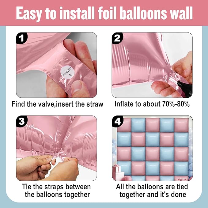 25Pcs Light Pink and Light Blue Square Foil Balloons Wall Backdrop, Double Sided Metallic Foil Balloons Tunnel Arch Garland Kit for Photo Booth Birthday Wedding Graduation Halloween Party Decorations