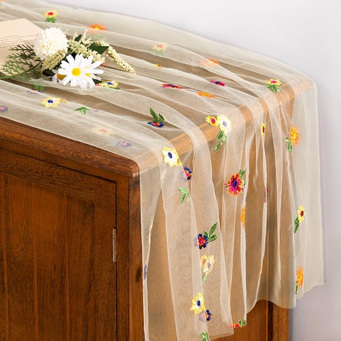 Socomi Embroidery Daisy Spring Easter Floral Wildflower Tulle Gauze CheeseclothTable Runners for Wedding Party Baby Shower Birthday Holiday Picnic Home Decor Champagne 3pcs