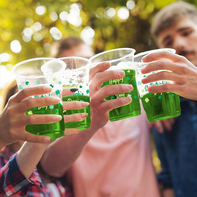 St. Patrick's Day Celebration Pack - 60 Pcs 12oz Irish Themed Plastic Cups with Lucky Shamrock Design, Disposable for Easy Clean-Up, Ideal for Party Supplies & Favors,Irish Party Decorations