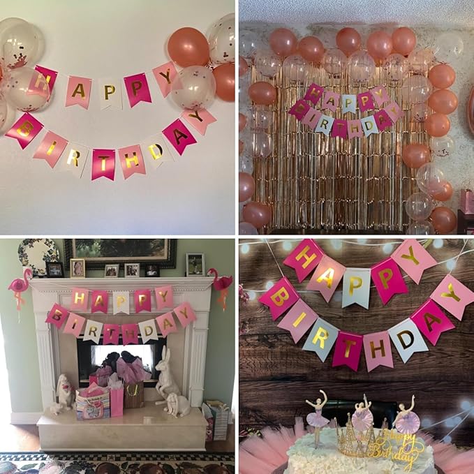 Happy Birthday Banner With Shiny Gold Letters, Swallowtail Design Hanging Signs Party Decorations (Tri-Color Pink)