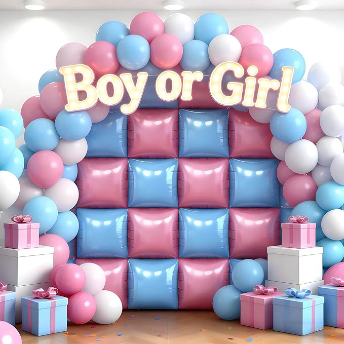 25Pcs Pink and Blue Square Foil Balloons Wall Backdrop, Double Sided Metallic Foil Balloons Tunnel Arch Garland Kit for Photo Booth Birthday Wedding Graduation Halloween Party Decorations