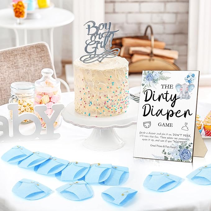 Roowest 51 Pcs Dirty Diaper Baby Shower Games Funny Wooden Sign with 50 Pcs Mini Diapers Cute Felt for Gender Reveal Party Baby Shower(Blue Elephant)