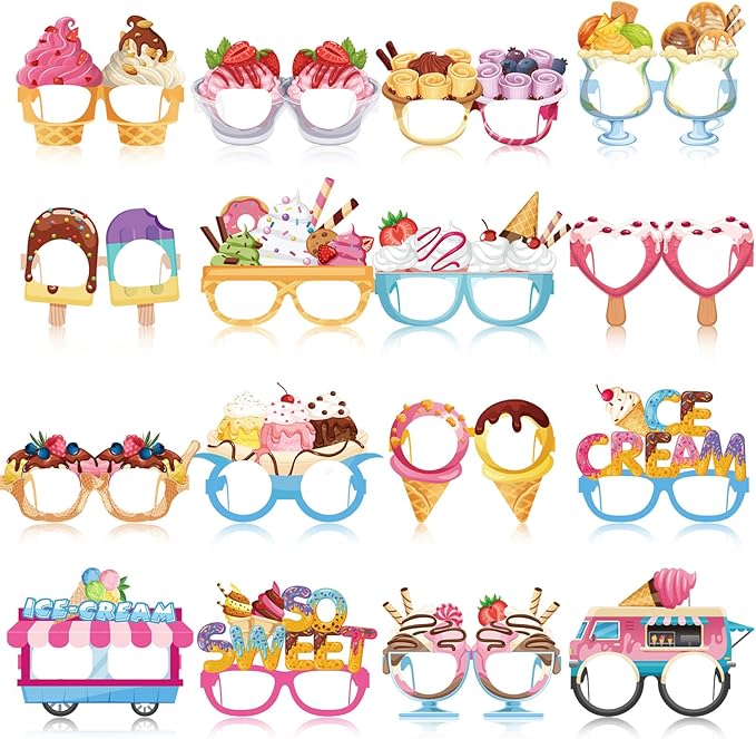 Pajean 32 Pcs Ice Cream Party Decorations Eyeglasses Ice Cream Themed Paper Glasses Summer Creams Photo Booth Props Frame 67 Birthday Decor for Sweet Summer 6 7 Birthday Party Baby Shower Supplies