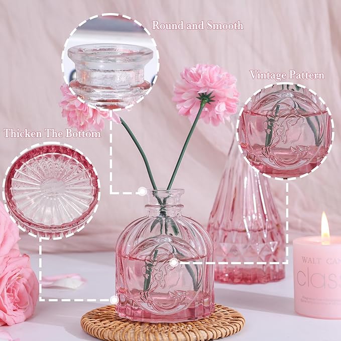 Glass Pink Bud Vases Set of 12, Mini Flower Valentine Vase for Centerpieces, Small Vases in Bulk for Wedding Decorations, Vintage Vase for Table, Home Décor