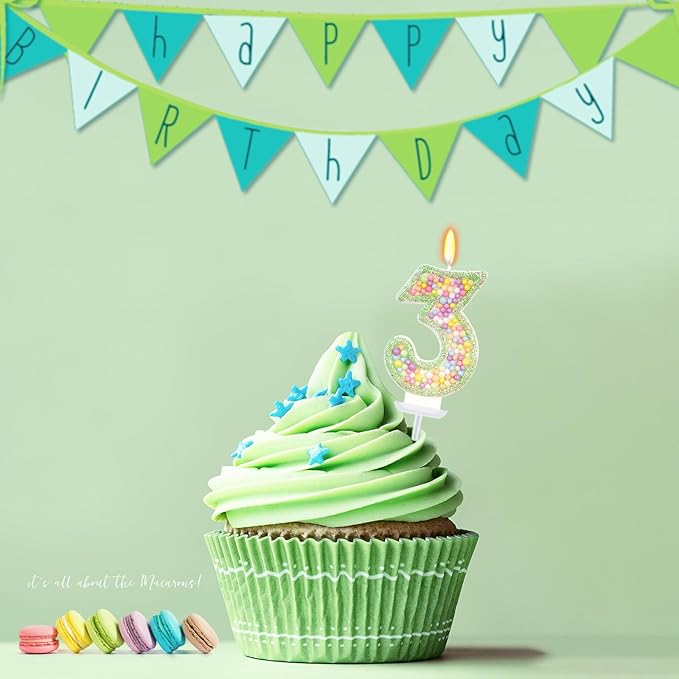 Birthday Candles - Number 3 Candle, Colorful Macaron Candles for Boys/Girls, Green Cake Decorations, Dinosaur Themed Party Supplies