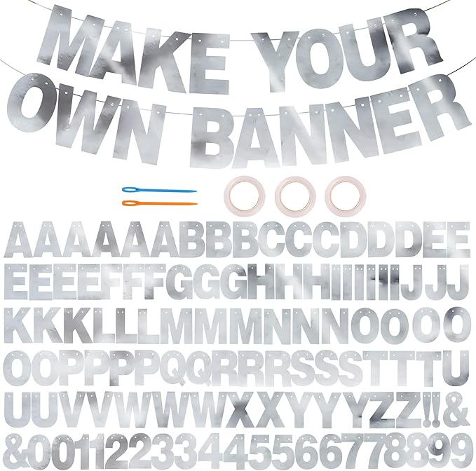 BEISHIDA 116 PCS A-Z DIY Letter Banner Kit Make Your Own Banner Double-sided Silver Including 111 Letters and Numbers 3 Rope and 9 Threading Device,Customized for Birthday Graduation Wedding Decor
