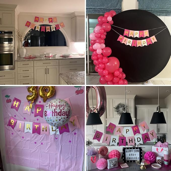 Happy Birthday Banner With Shiny Gold Letters, Swallowtail Design Hanging Signs Party Decorations (Tri-Color Pink)