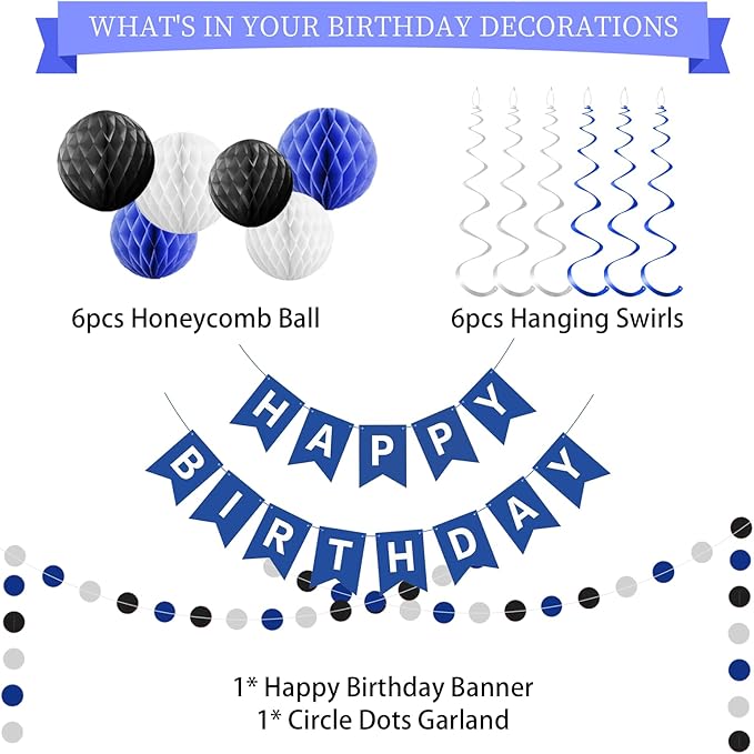 Blue Birthday Decorations,Blue and White Happy Birthday Banner with Honeycomb-Style Decorative Balls,Feet Circle Dot Garland,Stars Swirls Streamers,Blue Birthday Decorations for Men Women Boys Girls