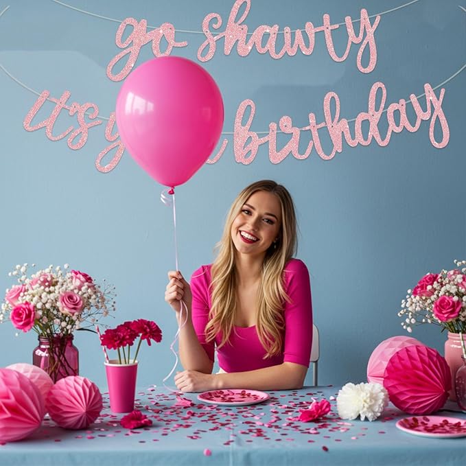 BEISHIDA Go Shawty It's Your Birthday Banner NO DIY Hip Hop Theme Happy Birthday Banner Pre-Strung Rap Theme Happy Birthday Sign for Man Women birthday Party Supply Glitter Dark Pink