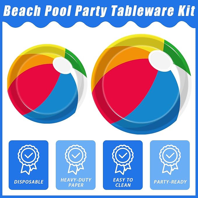 96 Pcs Summer Pool Beach Party Paper Plates Napkins, Beach Pool Ball Party Decorations Supplies Disposable Dinnerware Tableware for Kids, Serves 24
