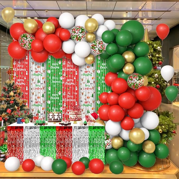 140pcs Christmas Party Balloon Set, Merry Xmas Balloons with Table Skirts and Foil Fringe Tinsel Curtains for Winter Holiday Party Decorations