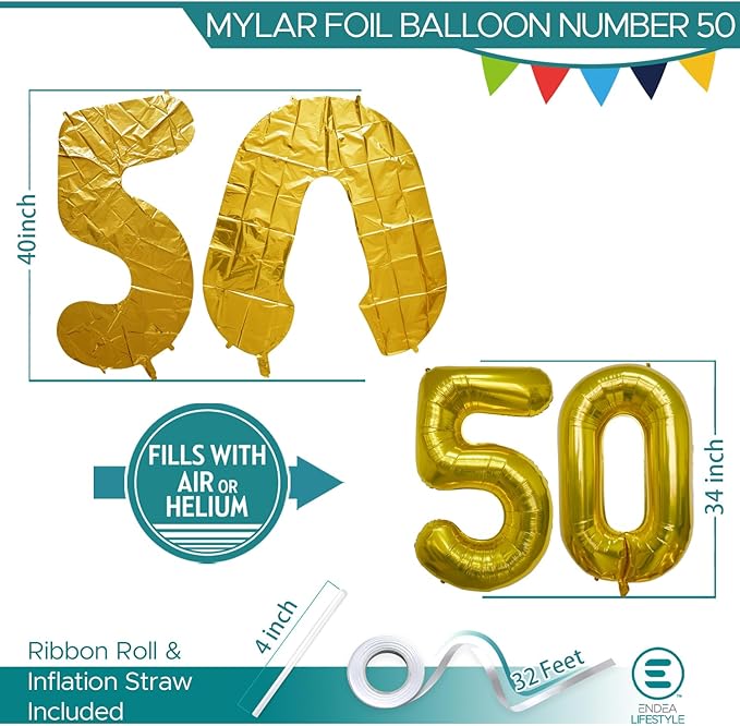 40 Inch Large Gold Number Celebration and Decoration Balloon for Birthday Parties, Graduations, Anniversaries, Weddings, Photo Shoots, Special Events - Helium Foil Mylar (Gold Number 50)