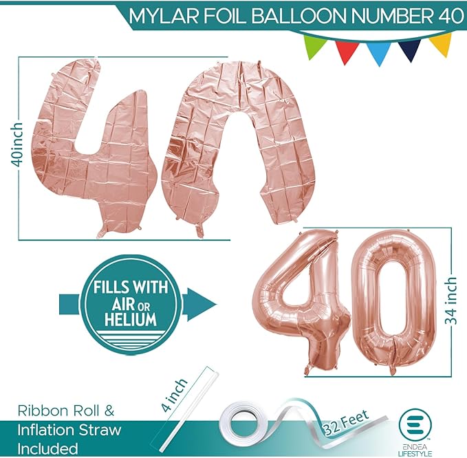 40 Inch Number Celebration and Decoration Balloon for Birthday Parties, Graduations, Anniversaries, Weddings, Photo Shoots, Special Events - Helium Foil Mylar (Rose Gold Number 40)