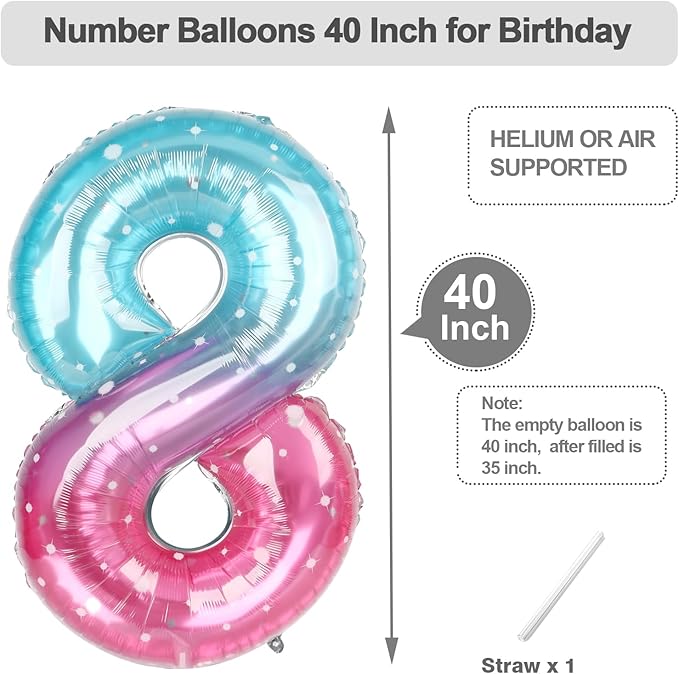 8 Birthday Balloon, 40 Inch Pink Blue Purple Fiol Big Ballon for Women And Men, Numbers Balloon Decoration for Happy 8 18 28 80 Birthday, Wedding Anniversary, New Year, Halloween Party Decoration