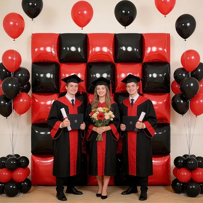 Black Red Square Foil Balloon Wall,25Pcs Double Sided Foil Balloons Backdrop Helium Tunnel Arch Garland Kit for Birthday New Year Eve Graduations Bridal Anniversary Party Decorations