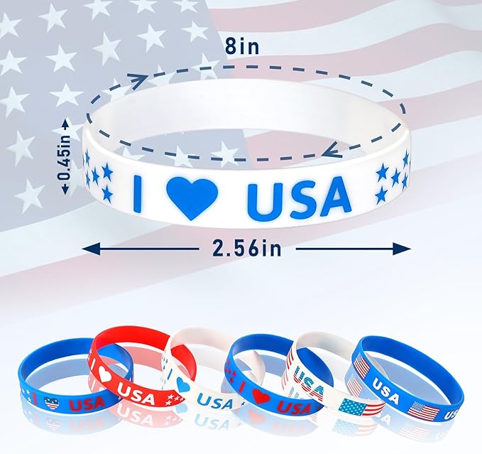 JUNEBRUSHS 42pcs 4th of July Party Favors Silicone Bracelets American Flag Red White and Blue Rubber Wristbands for Patriotic Independence Day Party Holiday Decorations Accessories Gift (6 Designs)