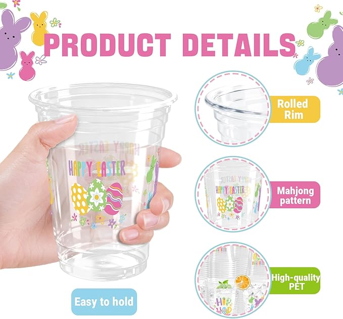100 Pcs Happy Easter Plastic Cups, 12 Oz Rabbit Bunny Eggs Disposable Clear Party Cups for Spring Easter Party Decoration Supplies Cold Drinking Beverage Ice Cream Snacks