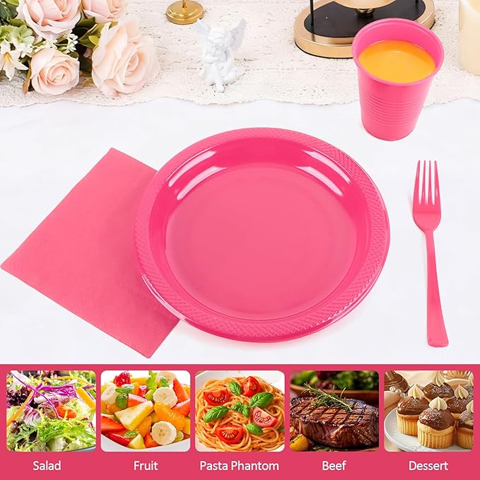 200pcs Hot Pink Plastic Party Plates Set, Disposable Pink Plates and Napkins for Party, 50 of Each 9" Dinner Plate, Napkins, Cups & Cutlery Plastic Party Supplies for Birthday, Baby Shower, Wedding