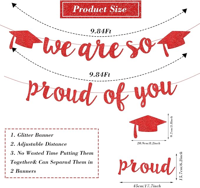 2026 Graduation Decorations Pre-Strung Blingbling We Are So Proud of You Banner Glitter Graduation Garland for Class of 2026 High School College Grad Party (Red)