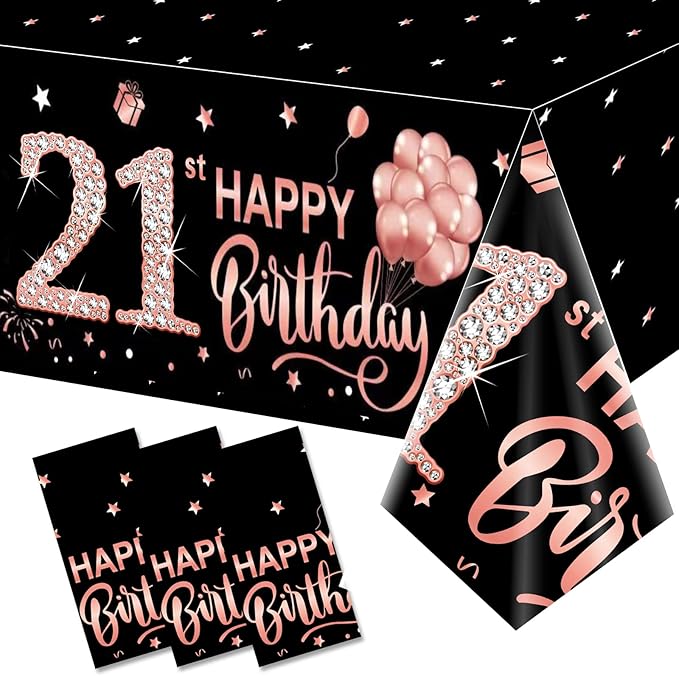 3 Pack Rose Gold 21st Birthday Tablecloth Decorations for Women Girls, Happy 21st Birthday Theme Table Cover Party Supplies, Plastic Disposable Rectangular Table Cloth Decor